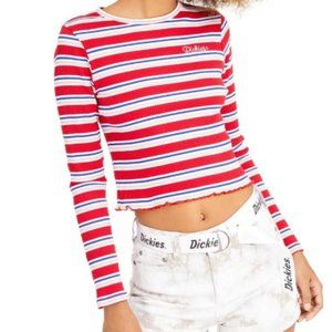Dickies Long Sleeve Striped Cropped Round Neck Crop Top, Size Large